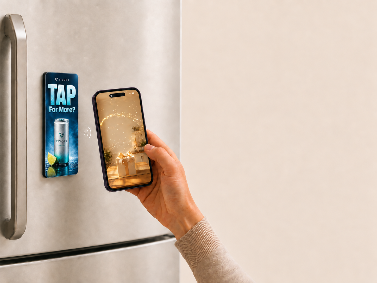 Customer taps the branded fridge magnet with a phone