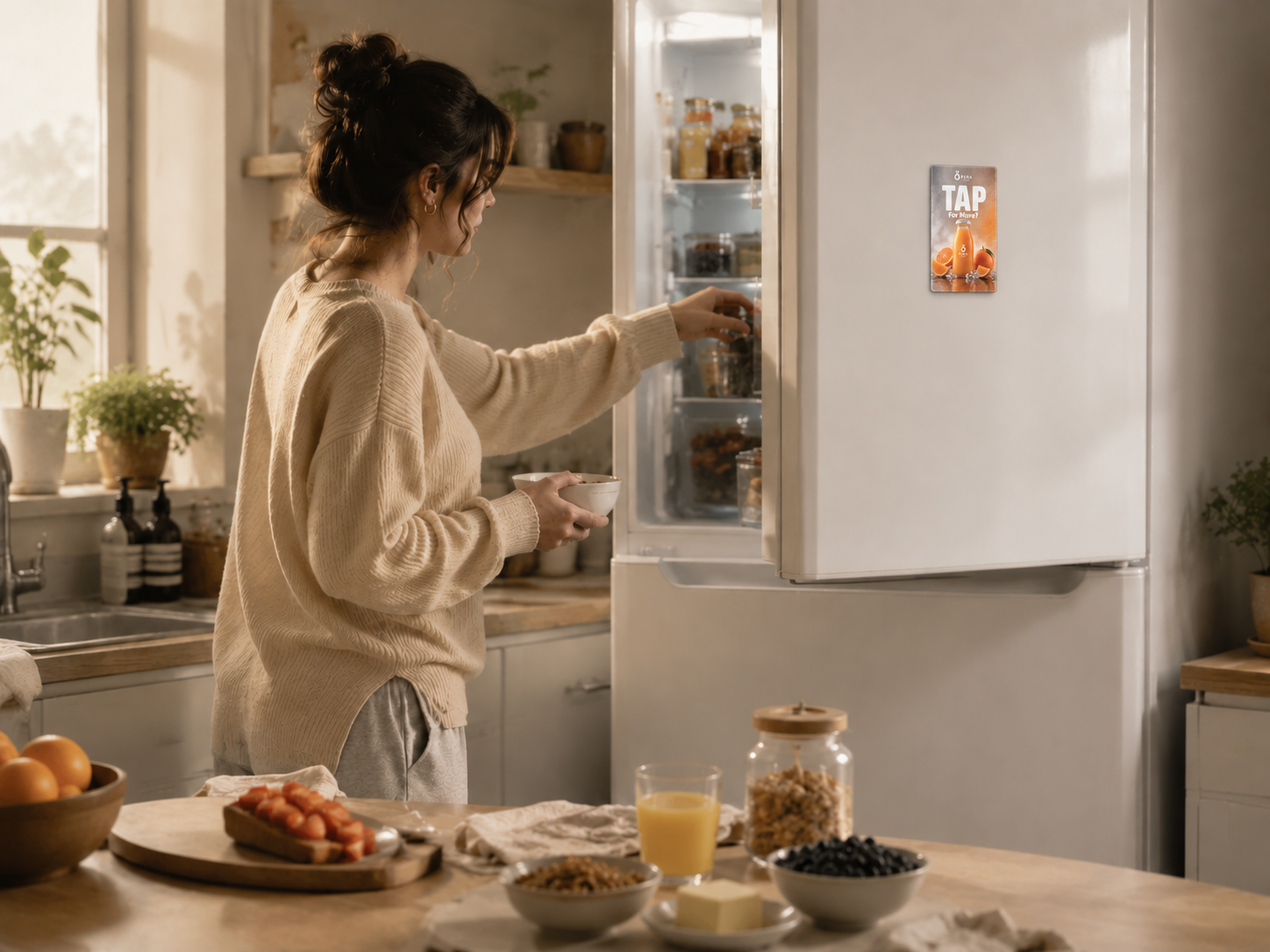 Breakfast fridge visit in a family kitchen
