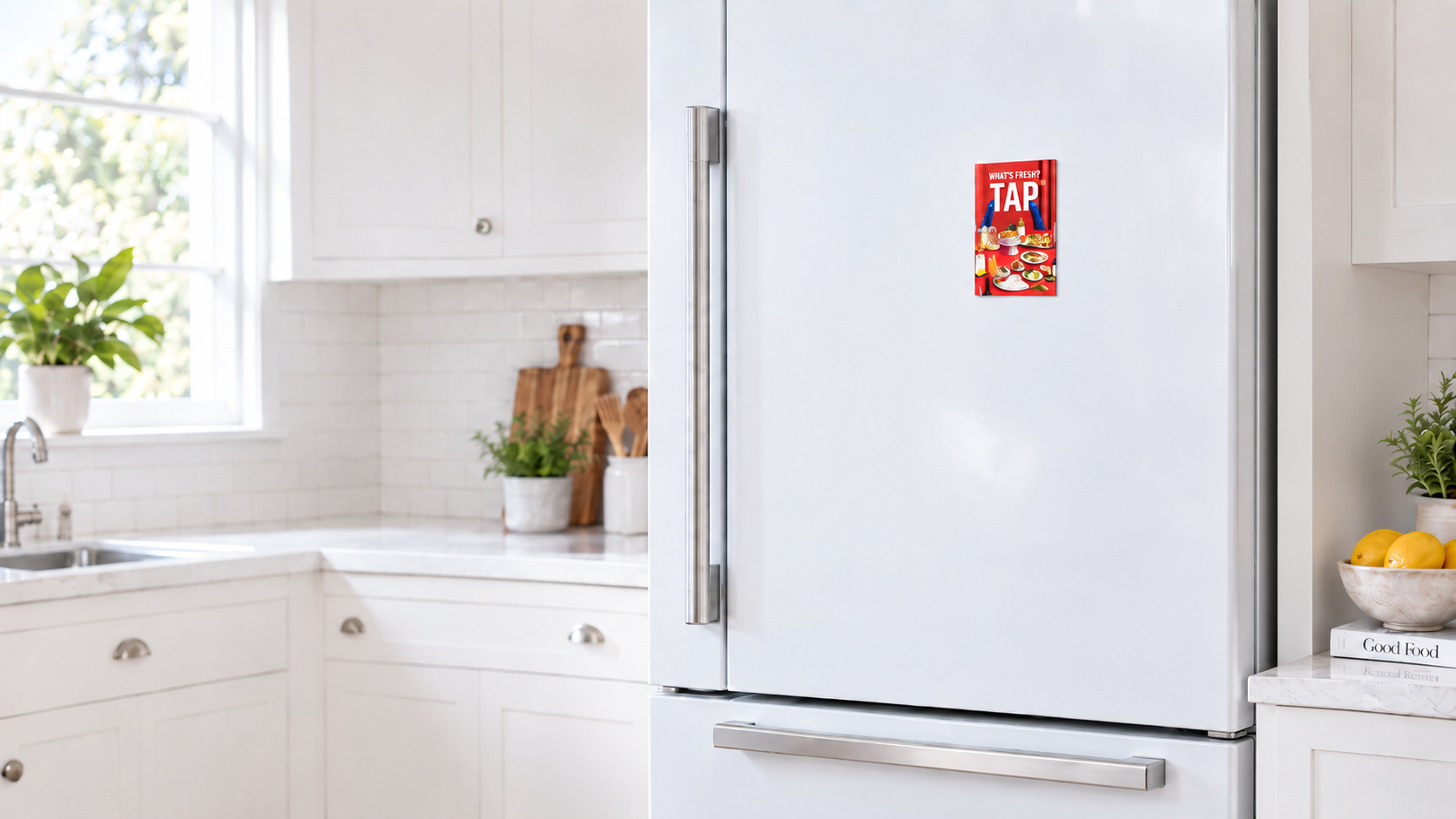 A branded magnet placed on a refrigerator in a bright kitchen